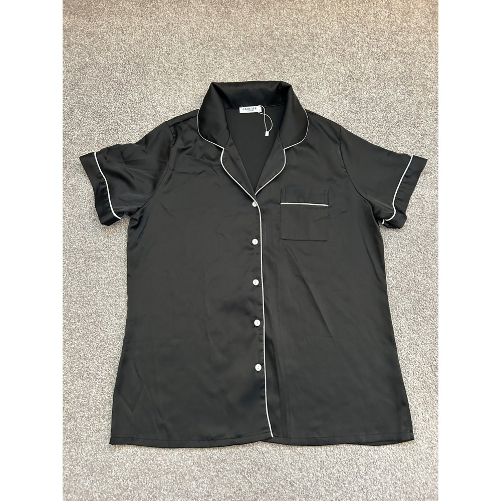 Ekouaer Pajama Top Womens Medium Black Excellent Satin Short Sleeve Button Up